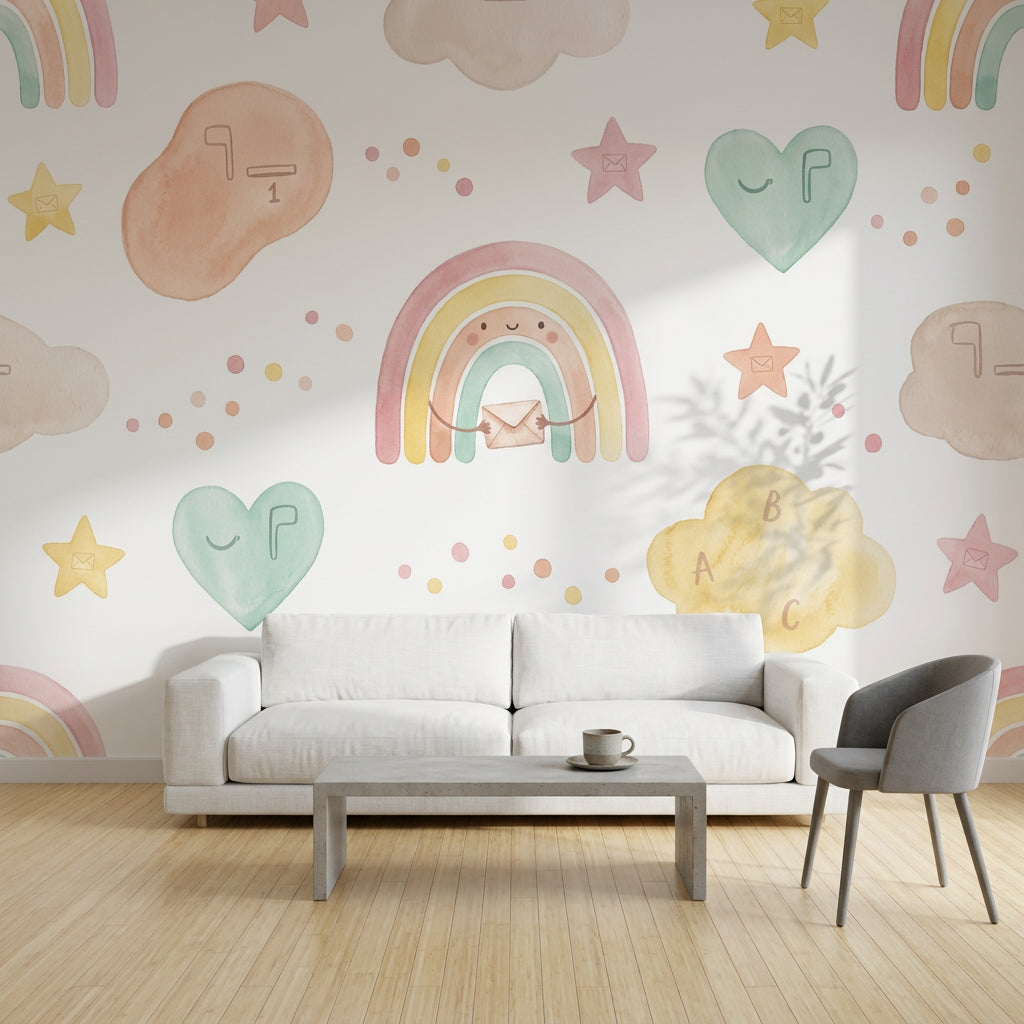 Pastel Gökkuşağı Poster Duvar Kağıdı Çocuk Odası Bulut Yıldızlı