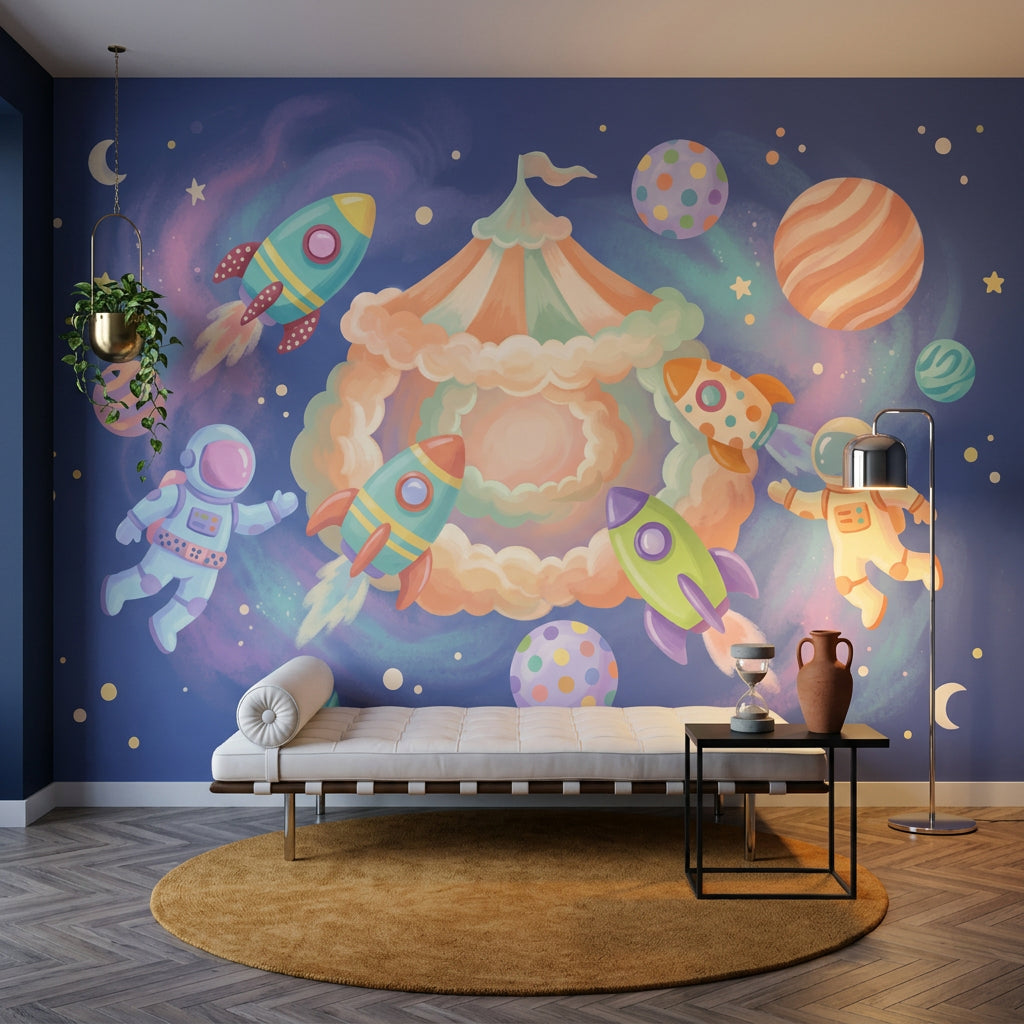 Roketli Astronotlu Uzay Poster Duvar Kağıdı Çocuk Odası