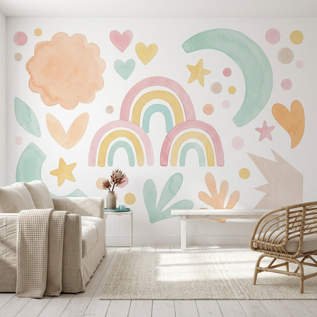 Pastel Gökkuşağı Poster Duvar Kağıdı Çocuk Odası Bulut Ay Yıldız