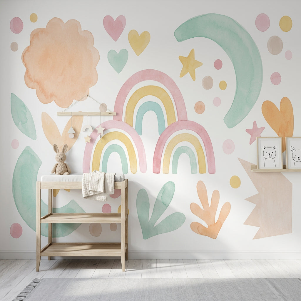 Pastel Gökkuşağı Poster Duvar Kağıdı Çocuk Odası Bulut Ay Yıldız