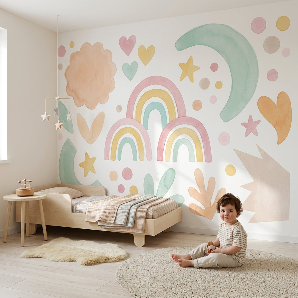 Pastel Gökkuşağı Poster Duvar Kağıdı Çocuk Odası Bulut Ay Yıldız