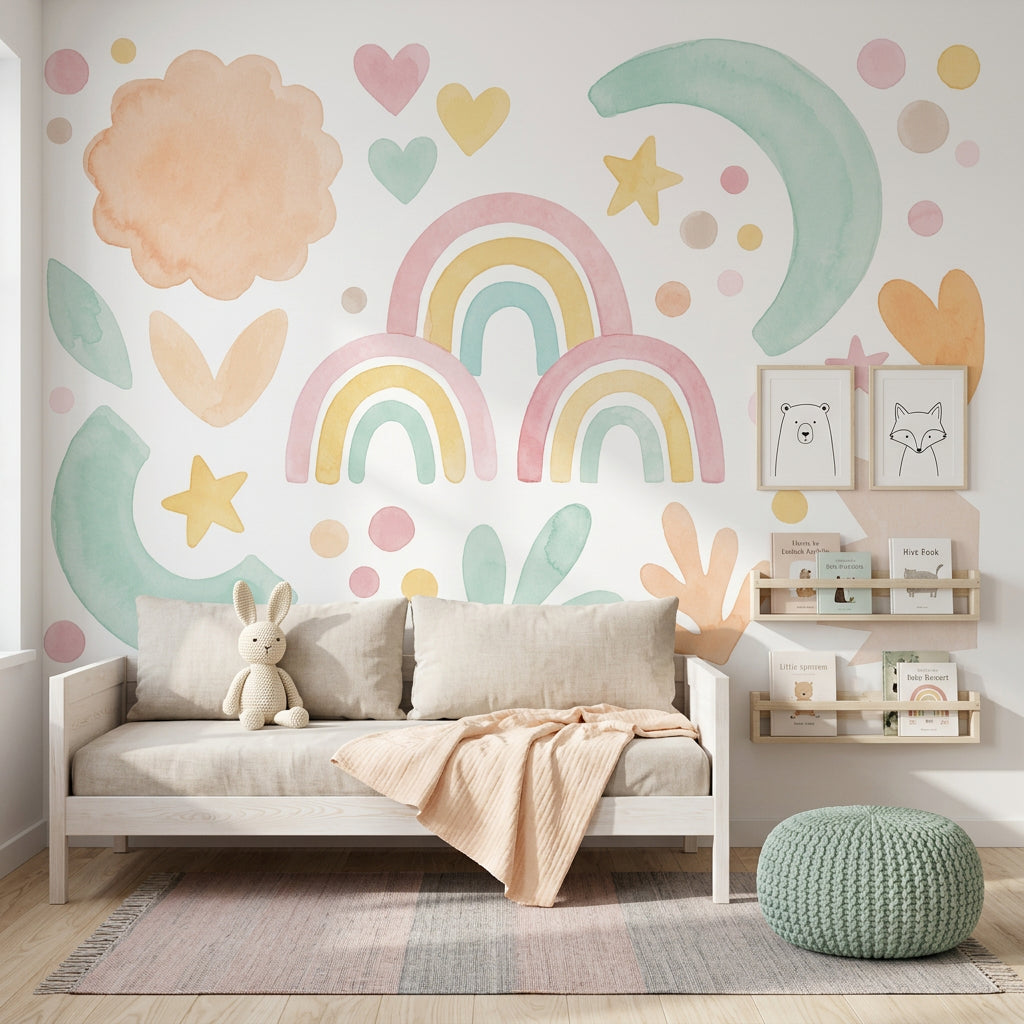Pastel Gökkuşağı Poster Duvar Kağıdı Çocuk Odası Bulut Ay Yıldız