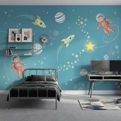 Uzay Temalı Poster Duvar Kağıdı Mavi Çocuk Odası Astronotlu