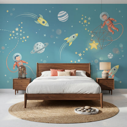 Uzay Temalı Poster Duvar Kağıdı Mavi Çocuk Odası Astronotlu