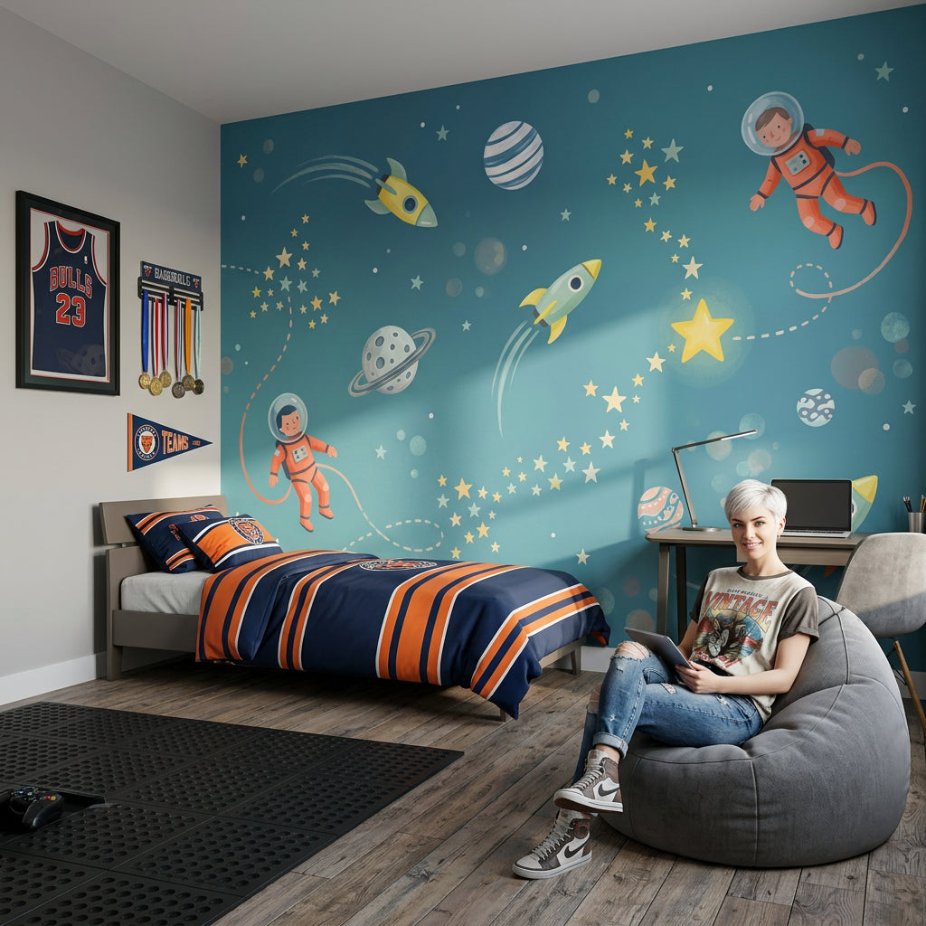 Uzay Temalı Poster Duvar Kağıdı Mavi Çocuk Odası Astronotlu