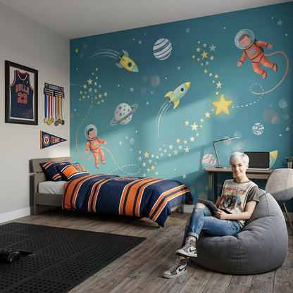 Uzay Temalı Poster Duvar Kağıdı Mavi Çocuk Odası Astronotlu