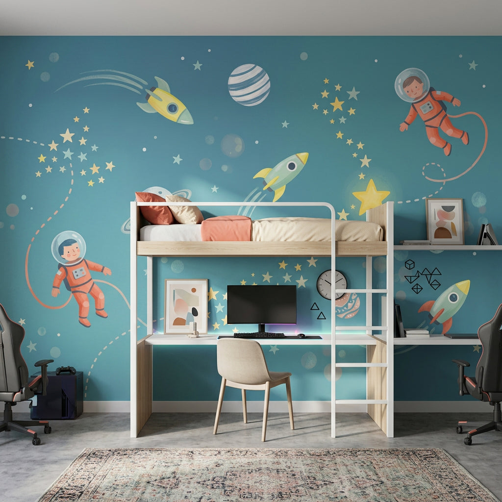 Uzay Temalı Poster Duvar Kağıdı Mavi Çocuk Odası Astronotlu