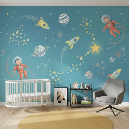Uzay Temalı Poster Duvar Kağıdı Mavi Çocuk Odası Astronotlu