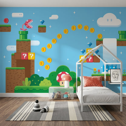 Oyun Dünyası Poster Duvar Kağıdı Mavi Çocuk Odası Desenli
