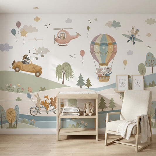 Balonlu Orman Hayvanları Poster Duvar Kağıdı Çocuk Odası Pastel