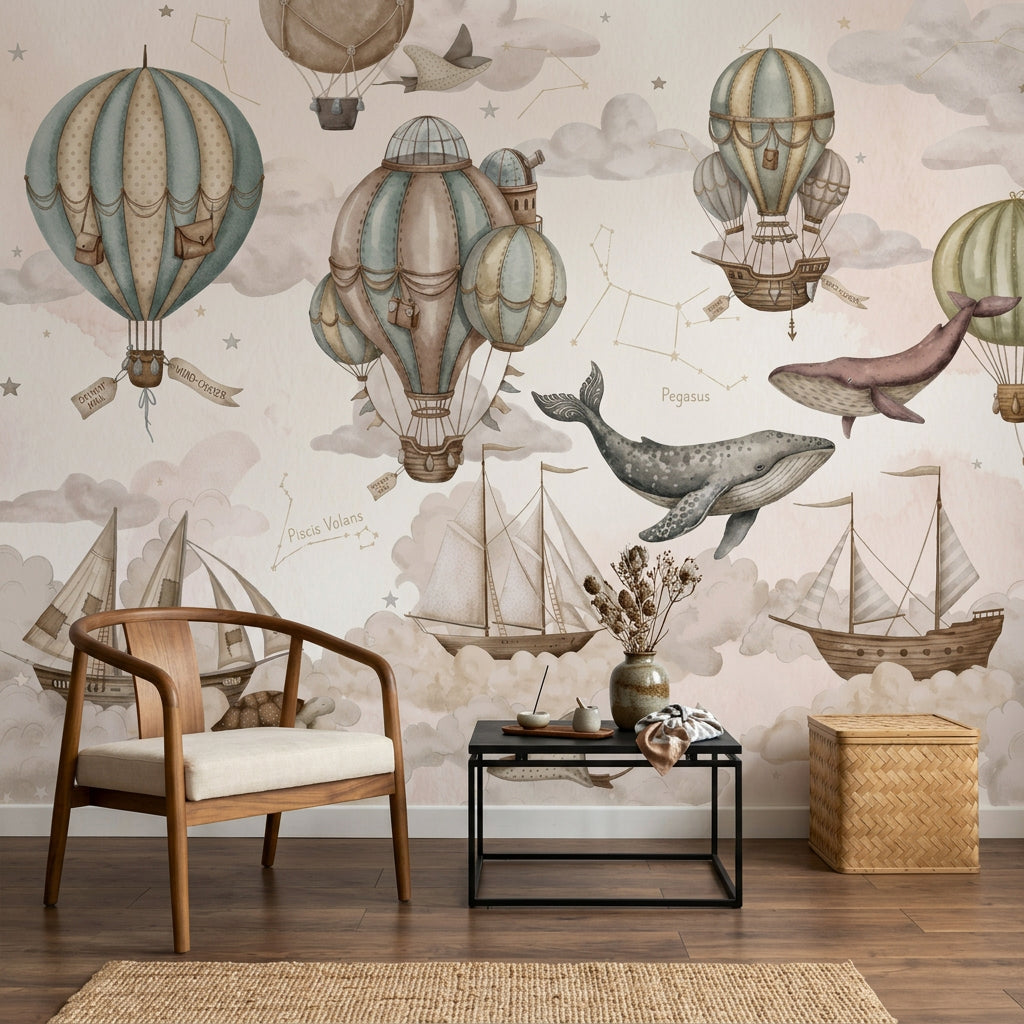 Balon ve Balinalı Poster Duvar Kağıdı Çocuk Odası Bej