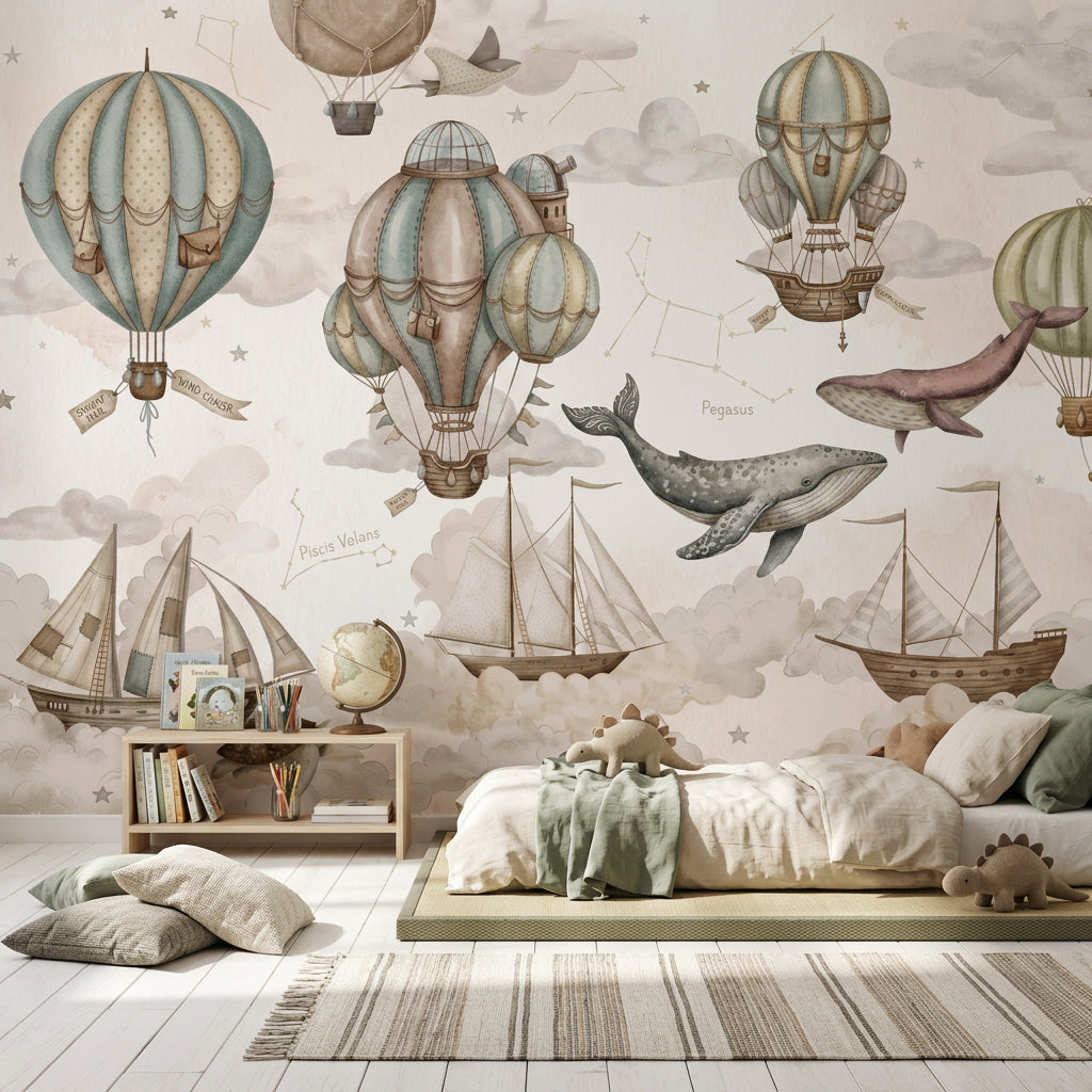 Balon ve Balinalı Poster Duvar Kağıdı Çocuk Odası Bej