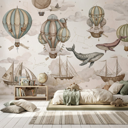 Balon ve Balinalı Poster Duvar Kağıdı Çocuk Odası Bej