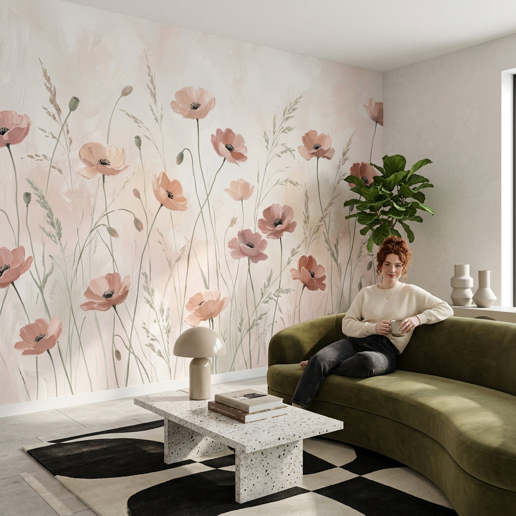 Pudra Pembe Gelincik Çiçekli Poster Duvar Kağıdı Yatak Odası