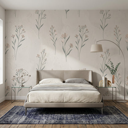 Minimal Çiçek Desenli Poster Duvar Kağıdı Bej Yeşil Yatak Odası