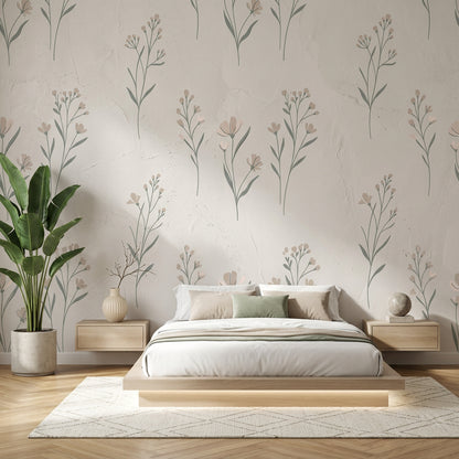 Minimal Çiçek Desenli Poster Duvar Kağıdı Bej Yeşil Yatak Odası