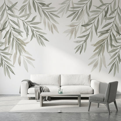 Zeytin Dalı Desenli Poster Duvar Kağıdı Gri Yeşil Salon