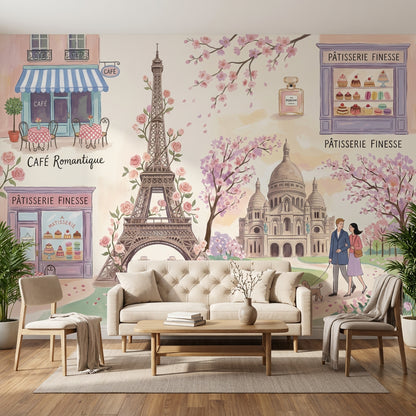 Paris Manzaralı Poster Duvar Kağıdı Pastel Romantik Kafe Teması