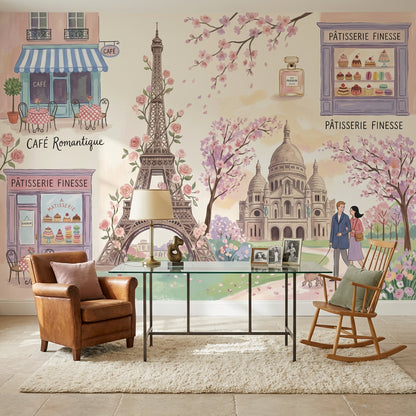 Paris Manzaralı Poster Duvar Kağıdı Pastel Romantik Kafe Teması