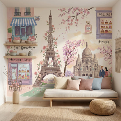 Paris Manzaralı Poster Duvar Kağıdı Pastel Romantik Kafe Teması