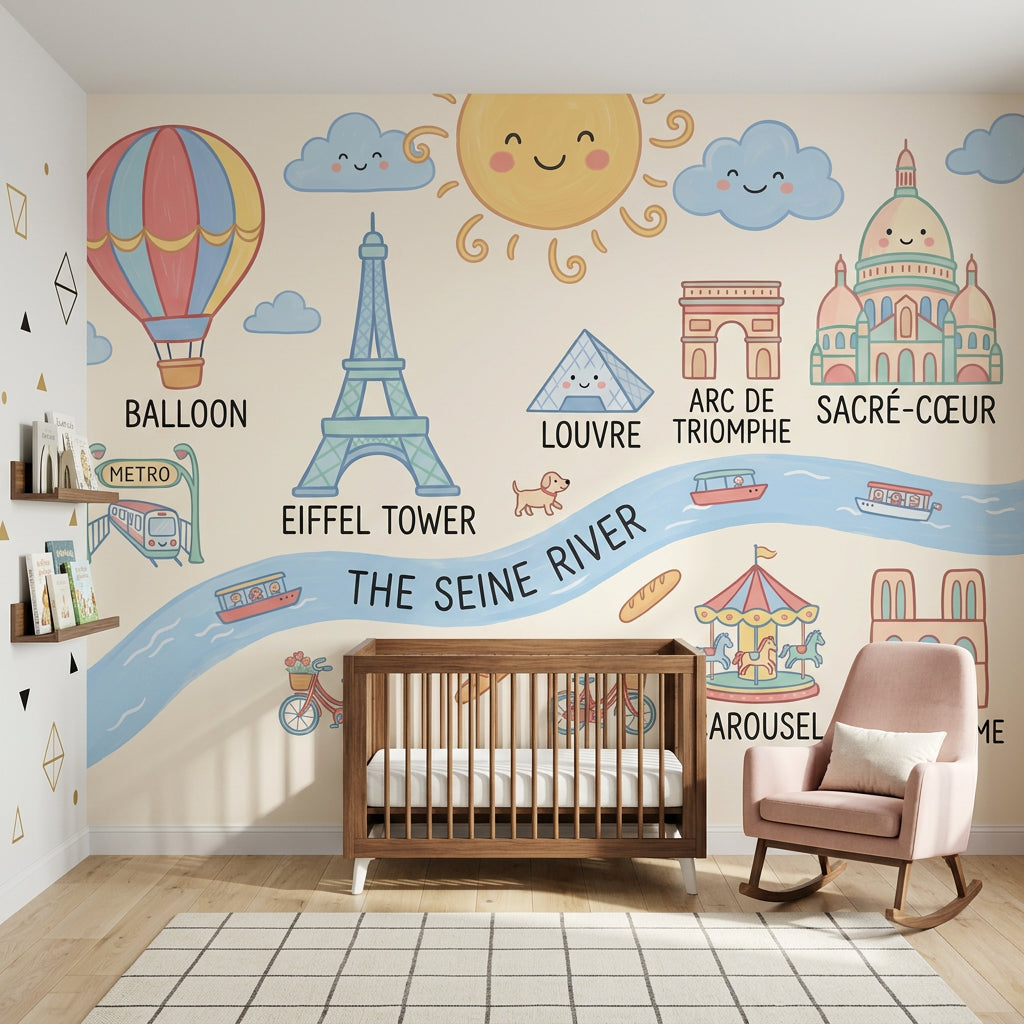 Paris Haritalı Çocuk Poster Duvar Kağıdı Pastel Şehir Teması
