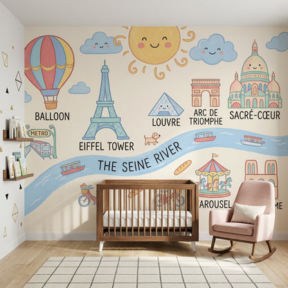 Paris Haritalı Çocuk Poster Duvar Kağıdı Pastel Şehir Teması