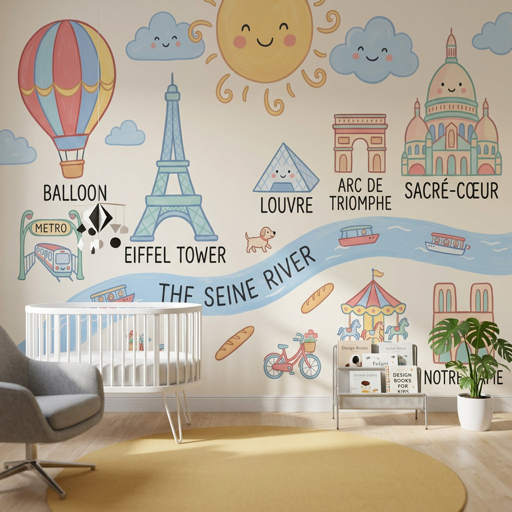 Paris Haritalı Çocuk Poster Duvar Kağıdı Pastel Şehir Teması