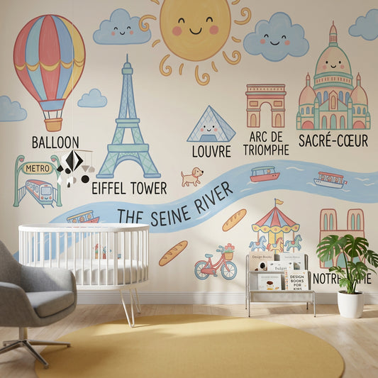 Paris Haritalı Çocuk Poster Duvar Kağıdı Pastel Şehir Teması