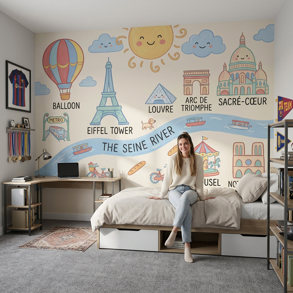 Paris Haritalı Çocuk Poster Duvar Kağıdı Pastel Şehir Teması