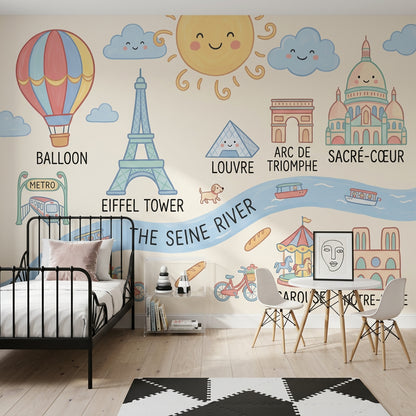 Paris Haritalı Çocuk Poster Duvar Kağıdı Pastel Şehir Teması