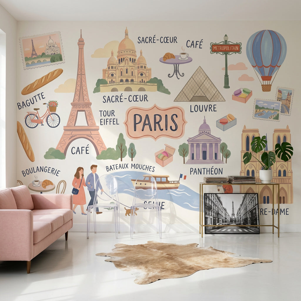 Paris Temalı Poster Duvar Kağıdı Pastel Renkli Çocuk Odası