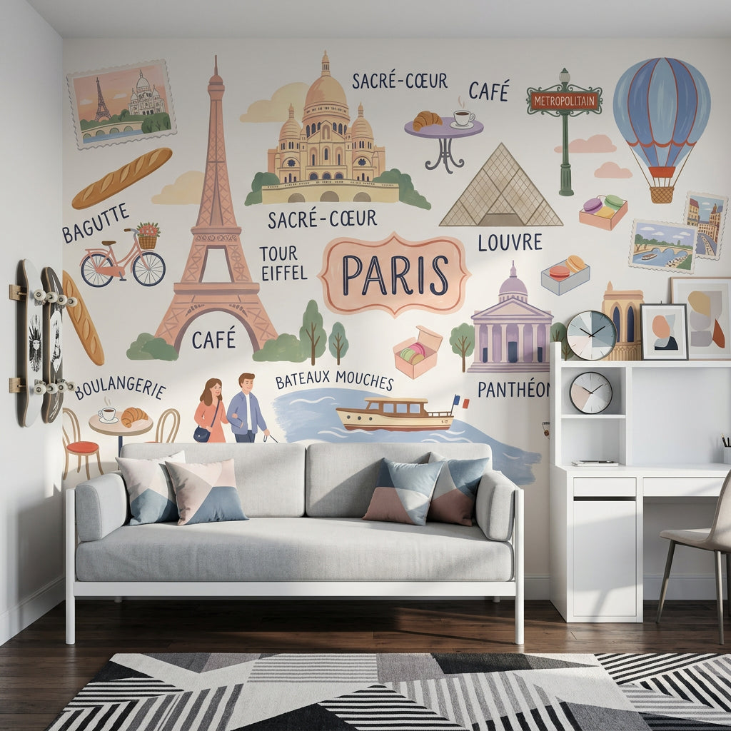 Paris Temalı Poster Duvar Kağıdı Pastel Renkli Çocuk Odası