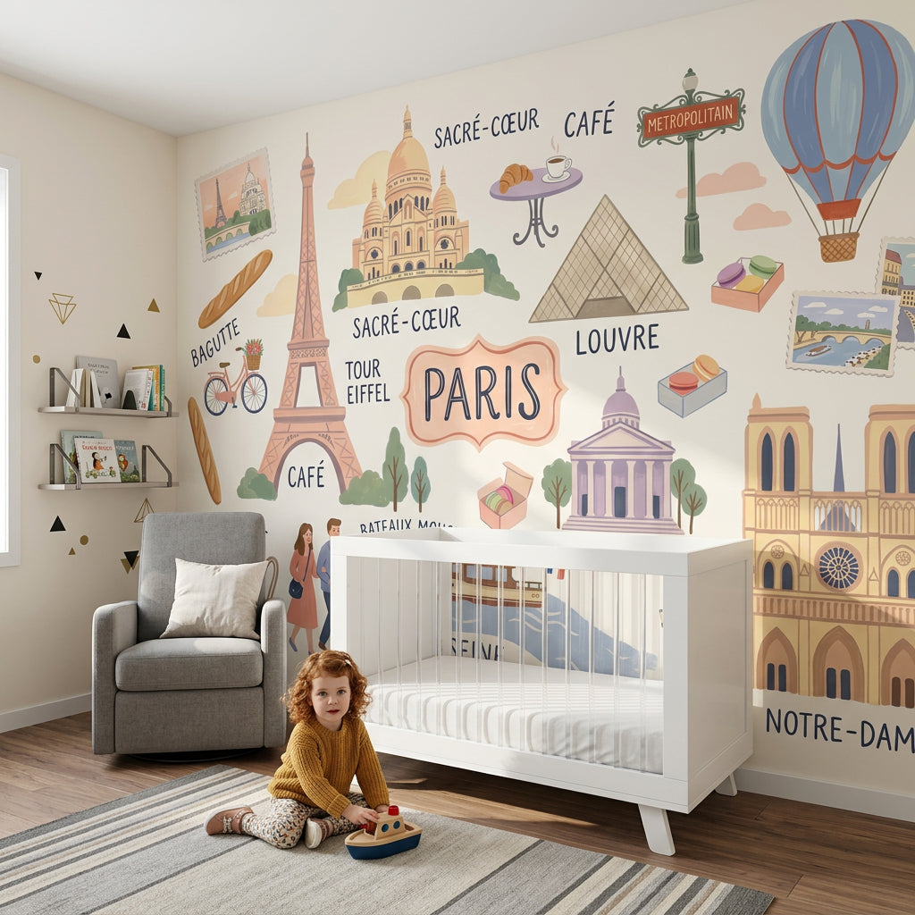 Paris Temalı Poster Duvar Kağıdı Pastel Renkli Çocuk Odası