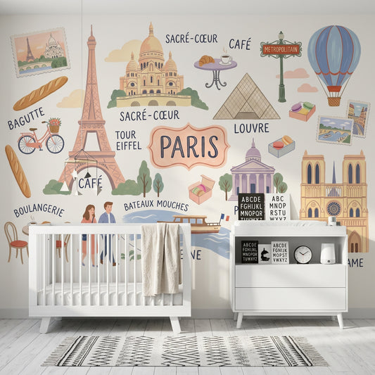 Paris Temalı Poster Duvar Kağıdı Pastel Renkli Çocuk Odası