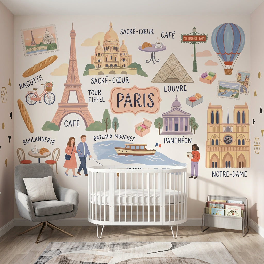Paris Temalı Poster Duvar Kağıdı Pastel Renkli Çocuk Odası