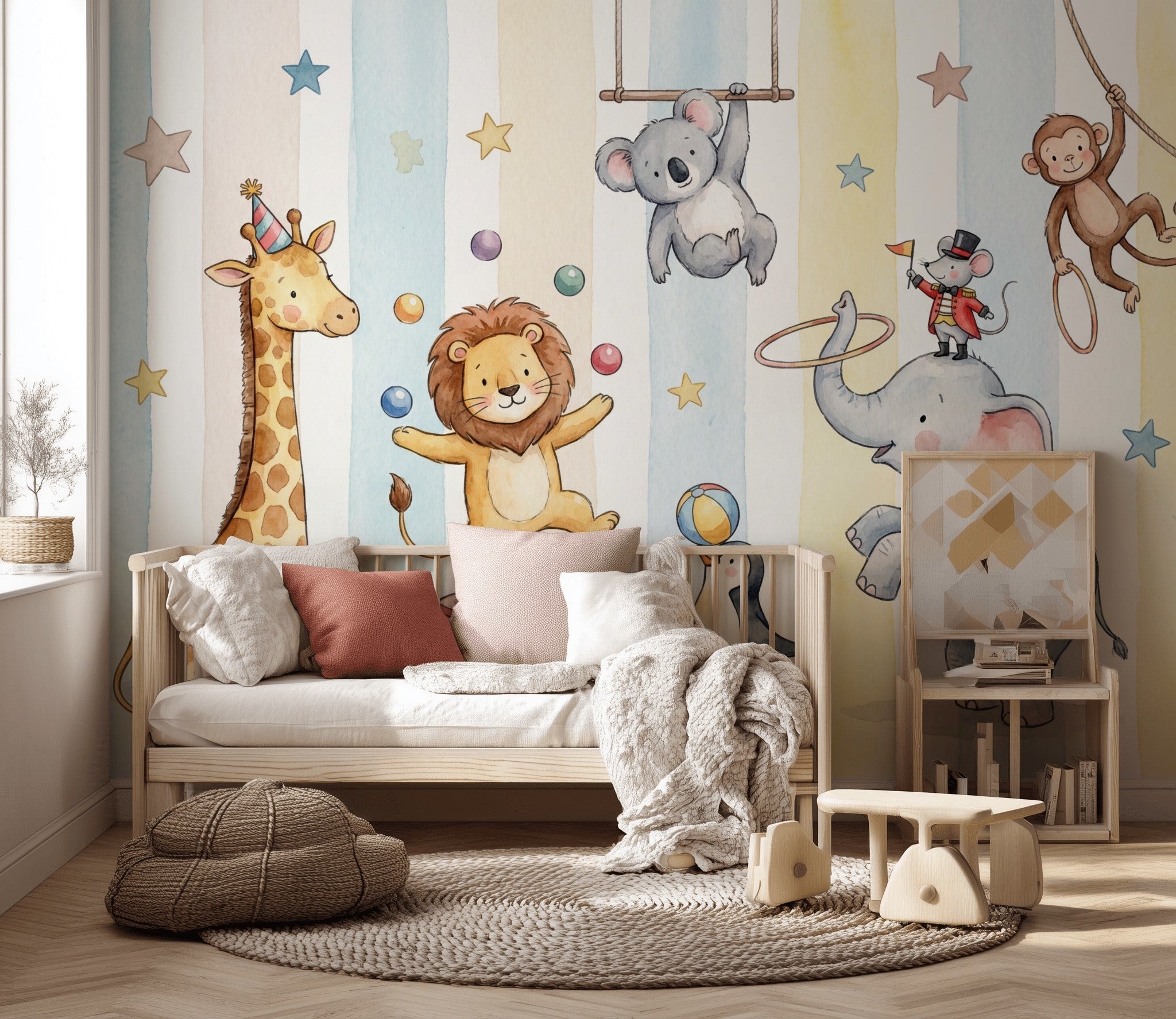 Sirk Hayvanlı Poster Duvar Kağıdı Pastel Çizgili Bebek Odası