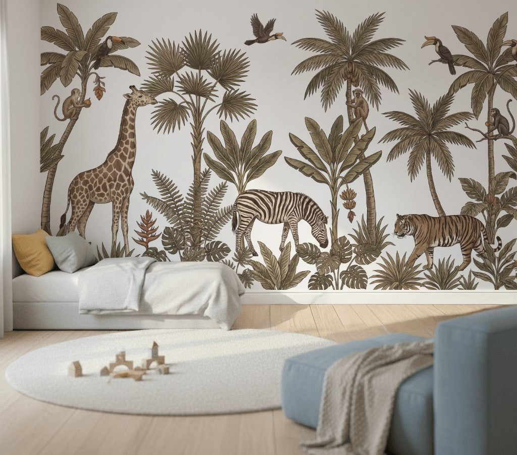 Safari Hayvanlı Poster Duvar Kağıdı Bej Jungle Desenli