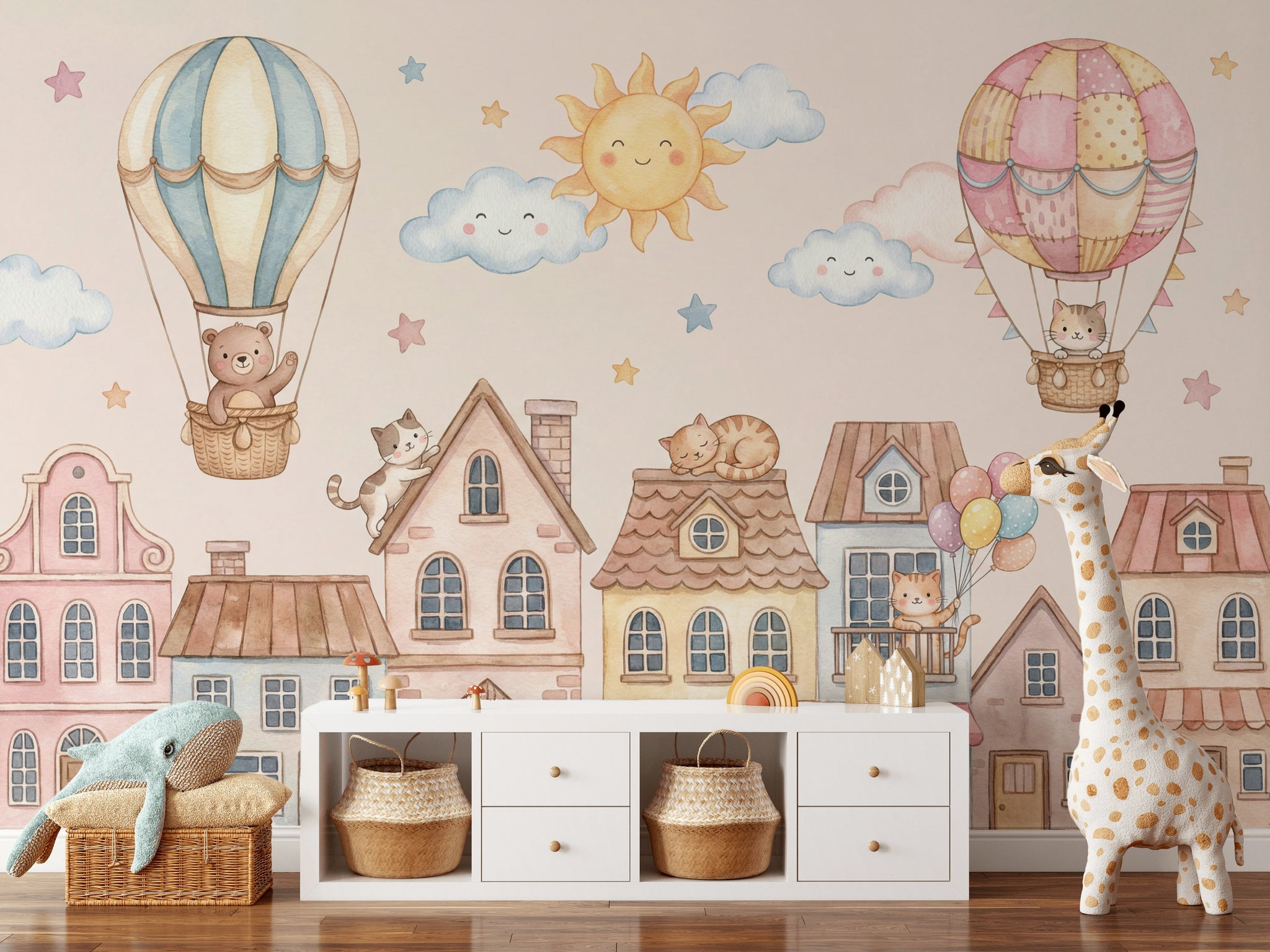 Balonlu Sevimli Kedili Poster Duvar Kağıdı Pastel Çocuk Odası