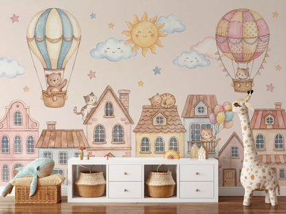 Balonlu Sevimli Kedili Poster Duvar Kağıdı Pastel Çocuk Odası