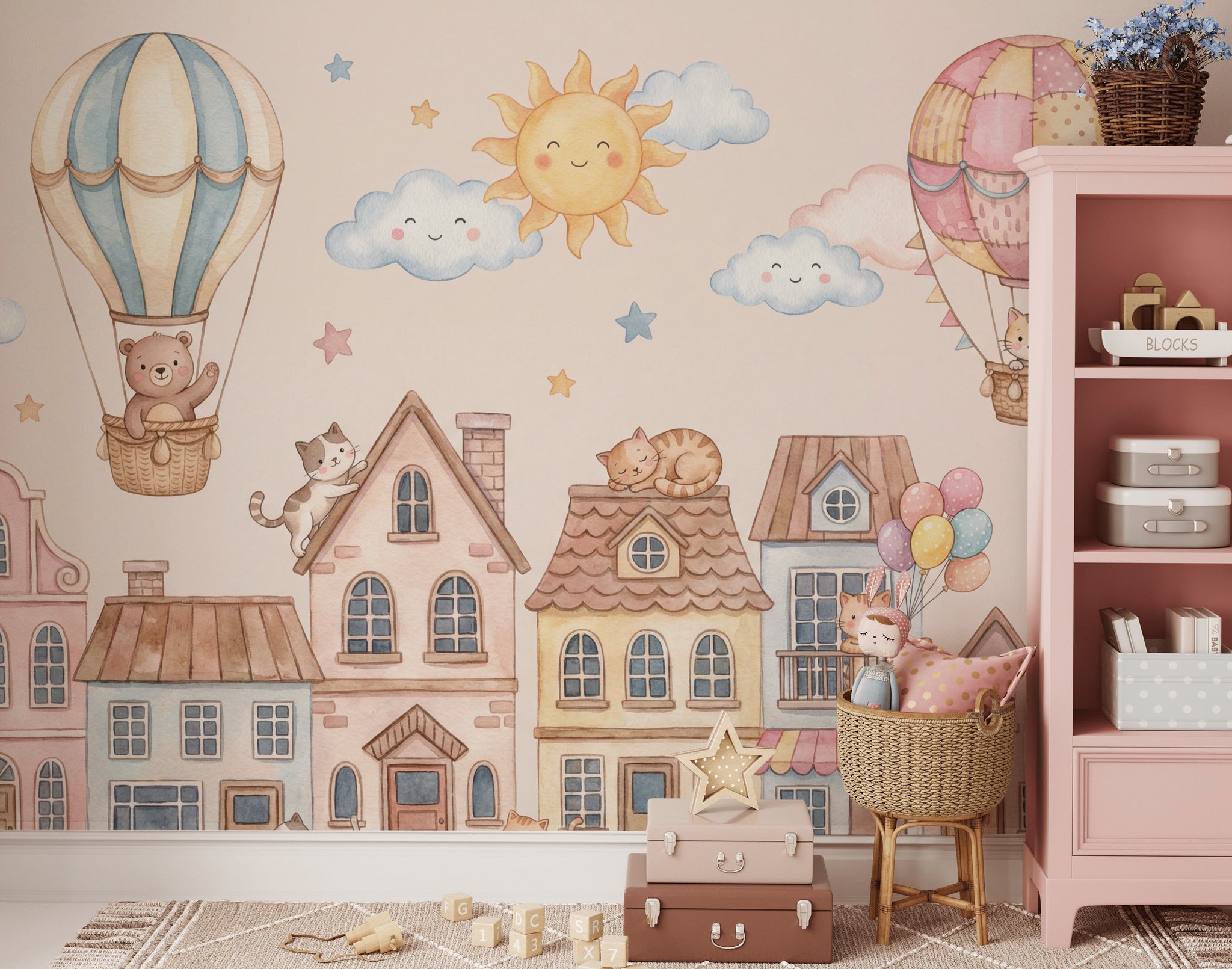Balonlu Sevimli Kedili Poster Duvar Kağıdı Pastel Çocuk Odası