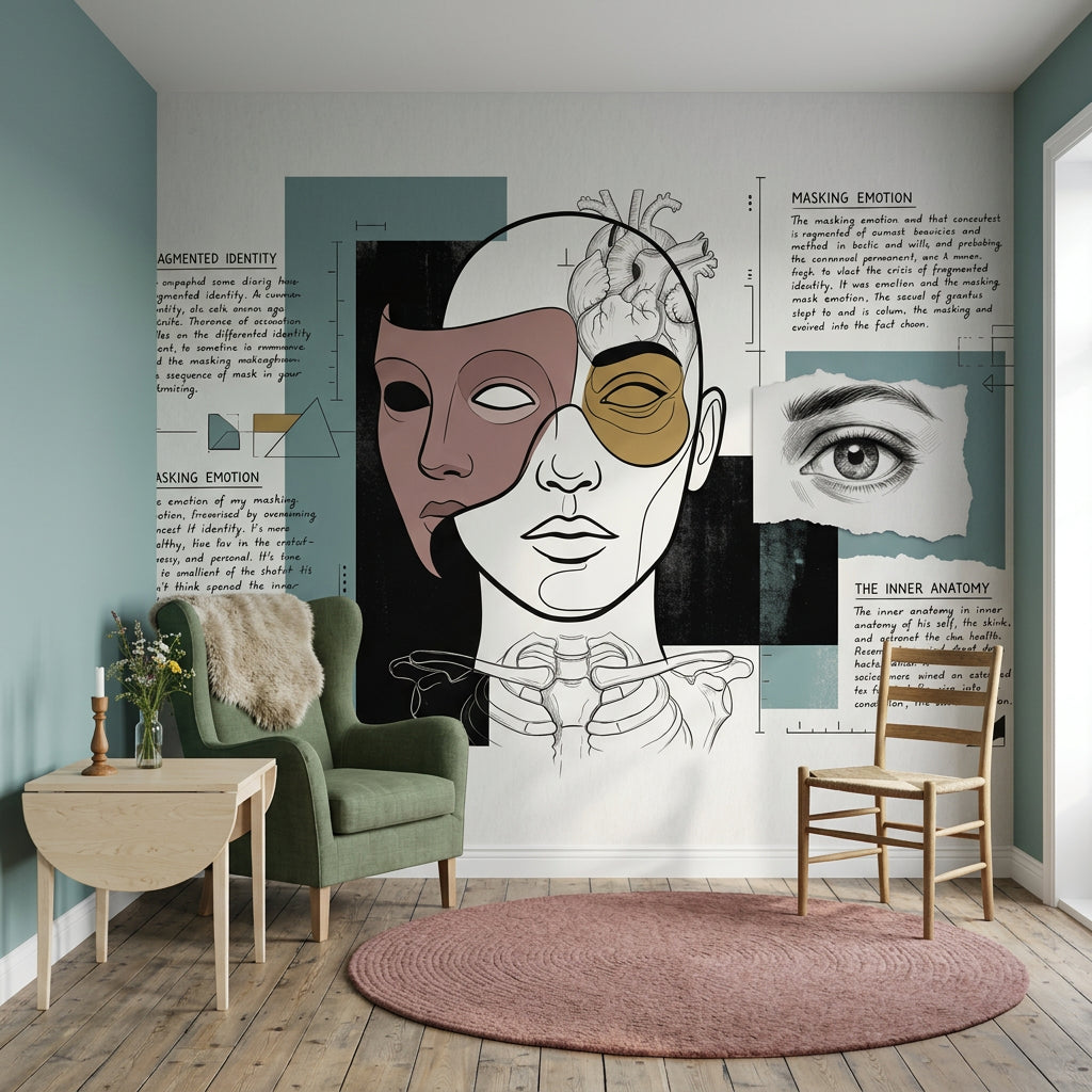 Soyut Yüz Çizimli Poster Duvar Kağıdı Bej Yeşil Salon