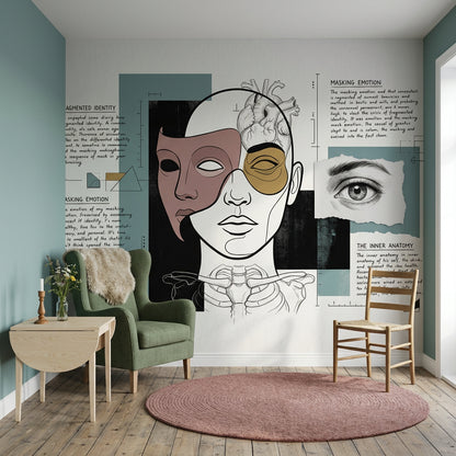 Soyut Yüz Çizimli Poster Duvar Kağıdı Bej Yeşil Salon