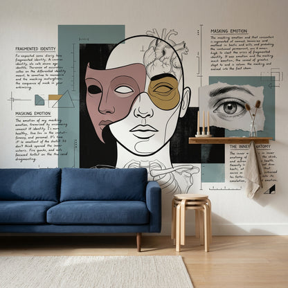 Soyut Yüz Çizimli Poster Duvar Kağıdı Bej Yeşil Salon