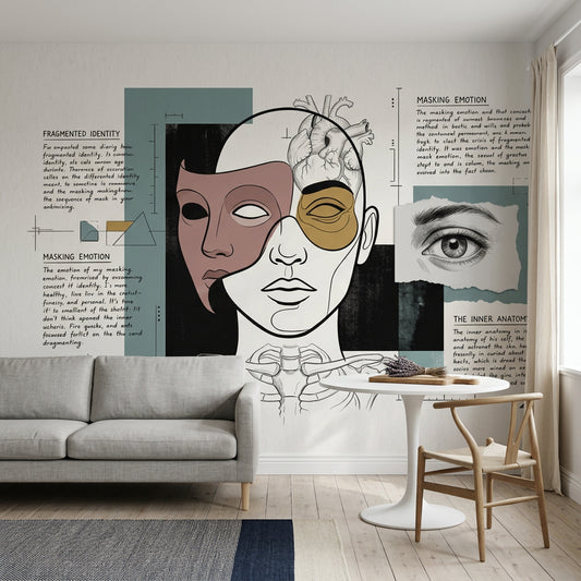 Soyut Yüz Çizimli Poster Duvar Kağıdı Bej Yeşil Salon