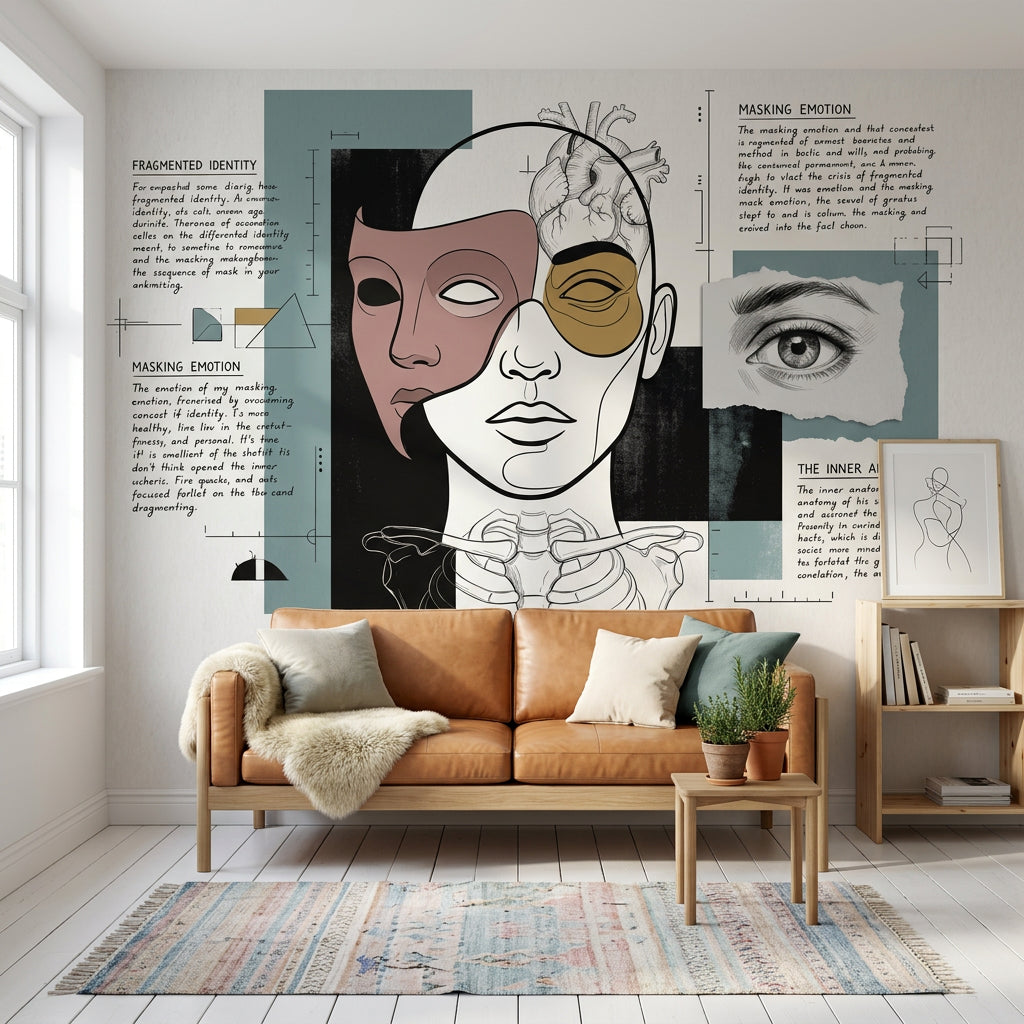 Soyut Yüz Çizimli Poster Duvar Kağıdı Bej Yeşil Salon