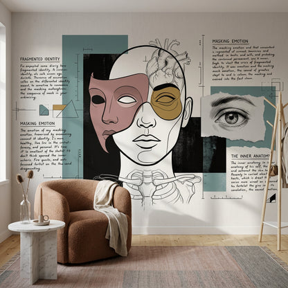 Soyut Yüz Çizimli Poster Duvar Kağıdı Bej Yeşil Salon