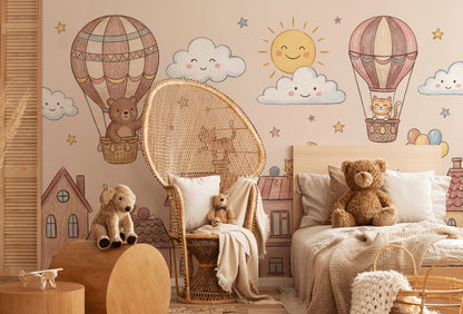 Balon ve Sevimli Hayvanlı Poster Duvar Kağıdı Bebek Odası