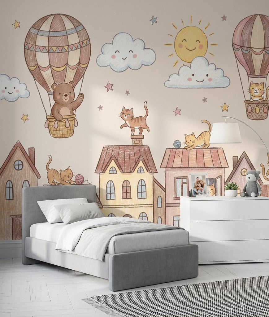 Balon ve Sevimli Hayvanlı Poster Duvar Kağıdı Bebek Odası