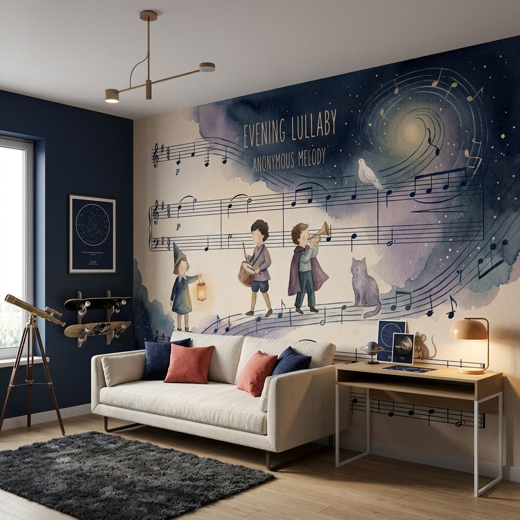 Müzik Notası ve Çocuk Figürlü Poster Duvar Kağıdı Lacivert