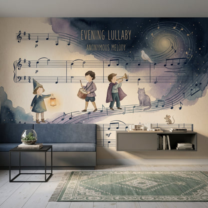 Müzik Notası ve Çocuk Figürlü Poster Duvar Kağıdı Lacivert